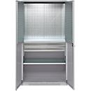 Schäfer Shop Genius materiaalkast FS, 5 OH, afsluitbaar, geperforeerde roosterwanden/2 laden/2 legborden, tot 450 kg, B 1055 x D 520 x H 1950 mm, blank aluminium/wit aluminium + gratis inzetbakset-24 st.