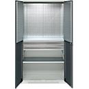 Schäfer Shop Genius materiaalkast FS, 5 OH, afsluitbaar, geperforeerde roosterwanden/2 laden/2 legborden, tot 450 kg, B 1055 x D 520 x H 1950 mm, lichtgrijs/antracietgrijs + gratis inzetbakset-24 st.