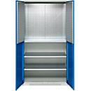 Schäfer Shop Genius material cabinet FS, 5 OH, lockable, perforated grid walls/3 shelves, up to 450 kg, W 1055 x D 520 x H 1950 mm, light gray/ gentian blue