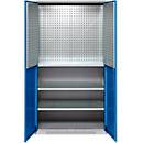 Schäfer Shop Genius material cabinet FS, 5 OH, lockable, perforated grid walls/3 shelves, up to 450 kg, W 1055 x D 520 x H 1950 mm, white aluminum/ gentian blue