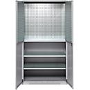 Schäfer Shop Genius material cabinet FS, 5 OH, lockable, perforated grid walls/3 shelves, up to 450 kg, W 1055 x D 520 x H 1950 mm, white aluminum/white aluminum
