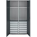 Schäfer Shop Genius Materialschrank FS, 5 OH, abschließbar, 4 Fachböden/12 Schübe, bis 450 kg, B 1055 x T 520 x H 1950 mm, Stahl, weißalu/anthrazitgrau