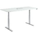 Schäfer Shop Genius Mesa de conferencias MODENA FLEX, conexión de 6 vías, regulable eléctricamente en altura, barco, pie en T, ancho 2000 x alto 645-1290 mm, aluminio gris claro/blanco + panel de memoria