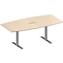 Schäfer Shop Genius Mesa de reuniones MODENA FLEX, ajustable en altura, cuadro de conexión de 3 tomas, forma de barca, pata en T de tubo rectangular, An 2000 x P 1000/800 mm, acabado en arce