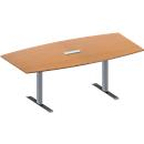 Schäfer Shop Genius Mesa de reuniones MODENA FLEX, ajustable en altura, cuadro de conexión de 3 tomas, forma de barca, pata en T de tubo rectangular, An 2000 x P 1000/800 mm, acabado en haya