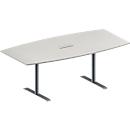 Schäfer Shop Genius Mesa de reuniones MODENA FLEX, ajustable en altura, cuadro de conexión de 3 tomas, forma de barca, pata en T de tubo redondo, An 2000 x P 1000/800 mm, gris luminoso