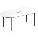 Schäfer Shop Genius Mesa de reuniones MODENA FLEX, ajustable en altura, cuadro de conexión de 3 tomas, forma ovalada, 4 patas de tubo redondo, 2000 x 1000 mm, blanco