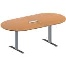 Schäfer Shop Genius Mesa de reuniones MODENA FLEX, ajustable en altura, cuadro de conexión de 3 tomas, forma ovalada, pata en T de tubo rectangular, An 2000 x P 1000 mm, acabado en haya