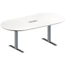 Schäfer Shop Genius Mesa de reuniones MODENA FLEX, ajustable en altura, cuadro de conexión de 3 tomas, forma ovalada, pata en T de tubo rectangular, An 2000 x P 1000 mm, blanco