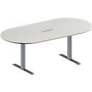 Schäfer Shop Genius Mesa de reuniones MODENA FLEX, ajustable en altura, cuadro de conexión de 3 tomas, forma ovalada, pata en T de tubo rectangular, An 2000 x P 1000 mm, gris luminoso