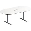 Schäfer Shop Genius Mesa de reuniones MODENA FLEX, ajustable en altura, cuadro de conexión de 3 tomas, forma ovalada, pata en T de tubo redondo, An 2000 x P 1000 mm, blanco