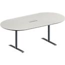 Schäfer Shop Genius Mesa de reuniones MODENA FLEX, ajustable en altura, cuadro de conexión de 3 tomas, forma ovalada, pata en T de tubo redondo, An 2000 x P 1000 mm, gris luminoso