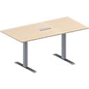 Schäfer Shop Genius Mesa de reuniones MODENA FLEX, ajustable en altura, cuadro de conexión de 3 tomas, forma rectangular, pata en T de tubo rectangular, An 1600 x P 800 mm, acabado en arce