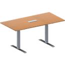 Schäfer Shop Genius Mesa de reuniones MODENA FLEX, ajustable en altura, cuadro de conexión de 3 tomas, forma rectangular, pata en T de tubo rectangular, An 1600 x P 800 mm, acabado en haya