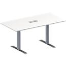 Schäfer Shop Genius Mesa de reuniones MODENA FLEX, ajustable en altura, cuadro de conexión de 3 tomas, forma rectangular, pata en T de tubo rectangular, An 1600 x P 800 mm, blanco