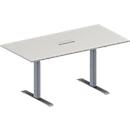 Schäfer Shop Genius Mesa de reuniones MODENA FLEX, ajustable en altura, cuadro de conexión de 3 tomas, forma rectangular, pata en T de tubo rectangular, An 1600 x P 800 mm, gris luminoso