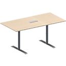 Schäfer Shop Genius Mesa de reuniones MODENA FLEX, ajustable en altura, cuadro de conexión de 3 tomas, forma rectangular, pata en T tubo redondo, An 1600 x P 800 mm, acabado en arce