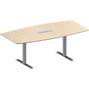 Schäfer Shop Genius Mesa de reuniones MODENA FLEX, ajustable en altura, cuadro de conexión de 6 tomas, forma de barca, pata en T de tubo rectangular, An 2000 x P 1000/800 mm, acabado en arce