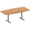 Schäfer Shop Genius Mesa de reuniones MODENA FLEX, ajustable en altura, cuadro de conexión de 6 tomas, forma de barca, pata en T de tubo rectangular, An 2000 x P 1000/800 mm, acabado en haya