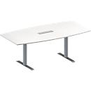 Schäfer Shop Genius Mesa de reuniones MODENA FLEX, ajustable en altura, cuadro de conexión de 6 tomas, forma de barca, pata en T de tubo rectangular, An 2000 x P 1000/800 mm, blanco