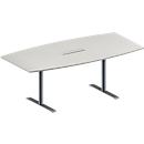 Schäfer Shop Genius Mesa de reuniones MODENA FLEX, ajustable en altura, cuadro de conexión de 6 tomas, forma de barca, pata en T de tubo redondo, An 2000 x P 1000/800 mm, gris luminoso