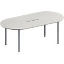 Schäfer Shop Genius Mesa de reuniones MODENA FLEX, ajustable en altura, cuadro de conexión de 6 tomas, forma ovalada, 4 patas de tubo redondo, 2000 x 1000 mm, gris luminoso