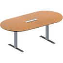 Schäfer Shop Genius Mesa de reuniones MODENA FLEX, ajustable en altura, cuadro de conexión de 6 tomas, forma ovalada, pata en T de tubo rectangular, An 2000 x P 1000 mm, acabado en haya