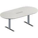 Schäfer Shop Genius Mesa de reuniones MODENA FLEX, ajustable en altura, cuadro de conexión de 6 tomas, forma ovalada, pata en T de tubo rectangular, An 2000 x P 1000 mm, gris luminoso