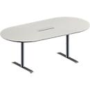 Schäfer Shop Genius Mesa de reuniones MODENA FLEX, ajustable en altura, cuadro de conexión de 6 tomas, forma ovalada, pata en T de tubo redondo, An 2000 x P 1000 mm, gris luminoso