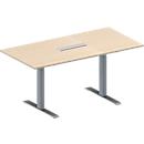 Schäfer Shop Genius Mesa de reuniones MODENA FLEX, ajustable en altura, cuadro de conexión de 6 tomas, forma rectangular, pata en T de tubo rectangular, An 1600 x P 800 mm, acabado en arce