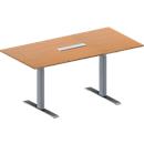 Schäfer Shop Genius Mesa de reuniones MODENA FLEX, ajustable en altura, cuadro de conexión de 6 tomas, forma rectangular, pata en T de tubo rectangular, An 1600 x P 800 mm, acabado en haya