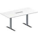 Schäfer Shop Genius Mesa de reuniones MODENA FLEX, ajustable en altura, cuadro de conexión de 6 tomas, forma rectangular, pata en T de tubo rectangular, An 1600 x P 800 mm, blanco