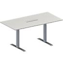 Schäfer Shop Genius Mesa de reuniones MODENA FLEX, ajustable en altura, cuadro de conexión de 6 tomas, forma rectangular, pata en T de tubo rectangular, An 1600 x P 800 mm, gris luminoso