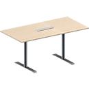 Schäfer Shop Genius Mesa de reuniones MODENA FLEX, ajustable en altura, cuadro de conexión de 6 tomas, forma rectangular, pata en T tubo redondo, An 1600 x P 800 mm, acabado en arce