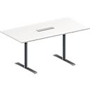 Schäfer Shop Genius Mesa de reuniones MODENA FLEX, ajustable en altura, cuadro de conexión de 6 tomas, forma rectangular, pata en T tubo redondo, An 1600 x P 800 mm, blanco