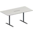 Schäfer Shop Genius Mesa de reuniones MODENA FLEX, ajustable en altura, cuadro de conexión de 6 tomas, forma rectangular, pata en T tubo redondo, An 1600 x P 800 mm, gris luminoso