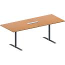 Schäfer Shop Genius Mesa de reuniones MODENA FLEX, ajustable en altura, cuadro de conexión de 6 tomas, forma rectangular, pata en T tubo redondo, An 2000 x P 800 mm, acabado en haya