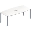 Schäfer Shop Genius Mesa de reuniones MODENA FLEX, ajustable en altura, forma de barca, 4 patas de tubo cuadrado, An 2000 x P 1000/800 mm, cuadro de conexión de 3 tomas, blanco