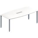 Schäfer Shop Genius Mesa de reuniones MODENA FLEX, ajustable en altura, forma de barca, 4 patas de tubo cuadrado, An 2000 x P 1000/800 mm, cuadro de conexión de 6 tomas, blanco