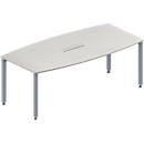 Schäfer Shop Genius Mesa de reuniones MODENA FLEX, ajustable en altura, forma de barca, 4 patas de tubo cuadrado, An 2000 x P 1000/800 mm, cuadro de conexión de 6 tomas, gris luminoso