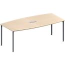 Schäfer Shop Genius Mesa de reuniones MODENA FLEX, ajustable en altura, forma de barca, 4 patas de tubo redondo, An 2000 x P 1000/800 mm, cuadro de conexión de 3 tomas, acabado en arce