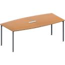 Schäfer Shop Genius Mesa de reuniones MODENA FLEX, ajustable en altura, forma de barca, 4 patas de tubo redondo, An 2000 x P 1000/800 mm, cuadro de conexión de 3 tomas, acabado en haya