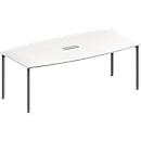 Schäfer Shop Genius Mesa de reuniones MODENA FLEX, ajustable en altura, forma de barca, 4 patas de tubo redondo, An 2000 x P 1000/800 mm, cuadro de conexión de 3 tomas, blanco