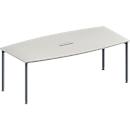 Schäfer Shop Genius Mesa de reuniones MODENA FLEX, ajustable en altura, forma de barca, 4 patas de tubo redondo, An 2000 x P 1000/800 mm, cuadro de conexión de 3 tomas, gris luminoso