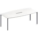 Schäfer Shop Genius Mesa de reuniones MODENA FLEX, ajustable en altura, forma de barca, 4 patas de tubo redondo, An 2000 x P 1000/800 mm, cuadro de conexión de 6 tomas, blanco