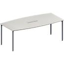 Schäfer Shop Genius Mesa de reuniones MODENA FLEX, ajustable en altura, forma de barca, 4 patas de tubo redondo, An 2000 x P 1000/800 mm, cuadro de conexión de 6 tomas, gris luminoso