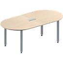 Schäfer Shop Genius Mesa de reuniones MODENA FLEX, ajustable en altura, forma ovalada, 4 patas de tubo cuadrado, An 2000 x P 1000 mm, cuadro de conexión de 3 tomas, acabado en arce