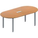 Schäfer Shop Genius Mesa de reuniones MODENA FLEX, ajustable en altura, forma ovalada, 4 patas de tubo cuadrado, An 2000 x P 1000 mm, cuadro de conexión de 3 tomas, acabado en haya