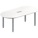 Schäfer Shop Genius Mesa de reuniones MODENA FLEX, ajustable en altura, forma ovalada, 4 patas de tubo cuadrado, An 2000 x P 1000 mm, cuadro de conexión de 3 tomas, blanco