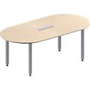 Schäfer Shop Genius Mesa de reuniones MODENA FLEX, ajustable en altura, forma ovalada, 4 patas de tubo cuadrado, An 2000 x P 1000 mm, cuadro de conexión de 6 tomas, acabado en arce